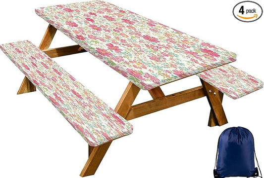 CAPSCEOLL Elastic Picnic Table Cover with Bench Covers 5Ft Waterproof Fitted Picnic Table Cover Cloths for Outdoors Camping Tablecloth with Drawstring Bag, 60X30in, Pink Flowers
