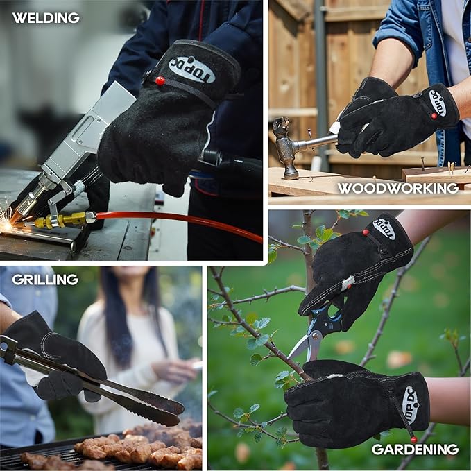 TOPDC Leather Work Gloves for Men or Women, Cowhide Leather Gloves for Gardening, Tig/Mig Welding, Chainsaw, Farm, Ranch, Reinforced Palm, Adjustable Cuff, Cotton Lining, Firm Grip & Durable, S