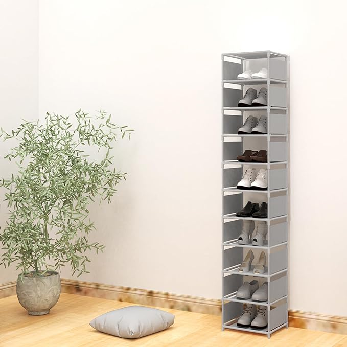 Vertical Shoe Rack, 10 Tier Grey Narrow Shoe Organizer for Closet Entryway, Tall Slim Shoe Tower for Small Spaces, Space Saving Corner Shoe Shelf