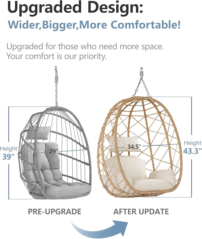 SWITTE Egg Swing Chair with Stand, Outdoor Patio Hanging Egg Chair, Indoor Hammock Chair with Cushion for Garden Backyard, 350LBS Capacity-Beige