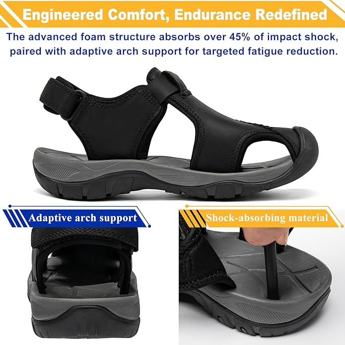 Men's Sport Sandals Closed Toe Leather Hiking Athletic Walking Outdoor Beach Trail River Fishing Water Shoes Lightweight Comfortable Waterproof