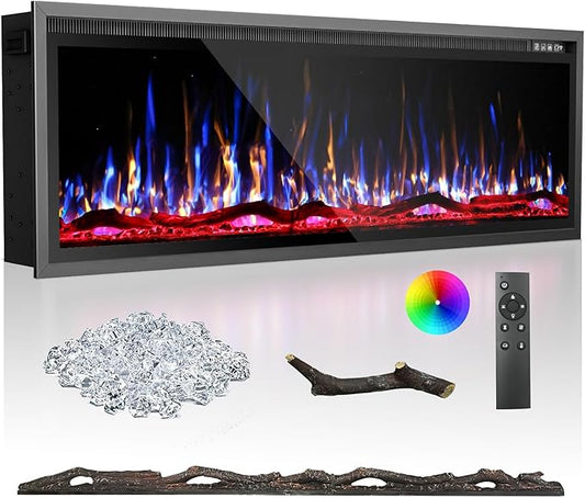BREEZEHEAT 60 Inch Electric Fireplace-Recessed & Wall Mounted Linear Fireplace-750/1500W Heater w/Temperature Control, Log & Crystal Options, Adjustable Flame, Remote Control
