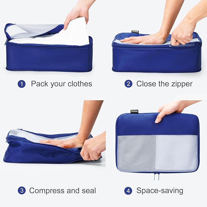 6 Set Compression Packing Cubes for Travel Essentials, Luggage Organizers for Suitcases (Dark Blue)