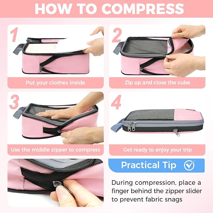 BAGAIL 4/6 Set/8 Set Compression Packing Cubes Travel Accessories Expandable Packing Organizers(HalfMesh, 8-Pink)
