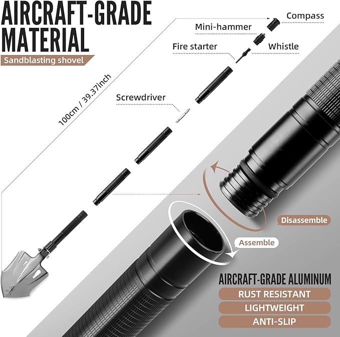 Zune Lotoo Tactical Shovel Survival Multitool, Military Portable Folding Camping Shovel Compact Camping Gear for Men Outdoor Survivalist Gift Hiking Backpack Emergency Offroad Entrenching Tool Spade