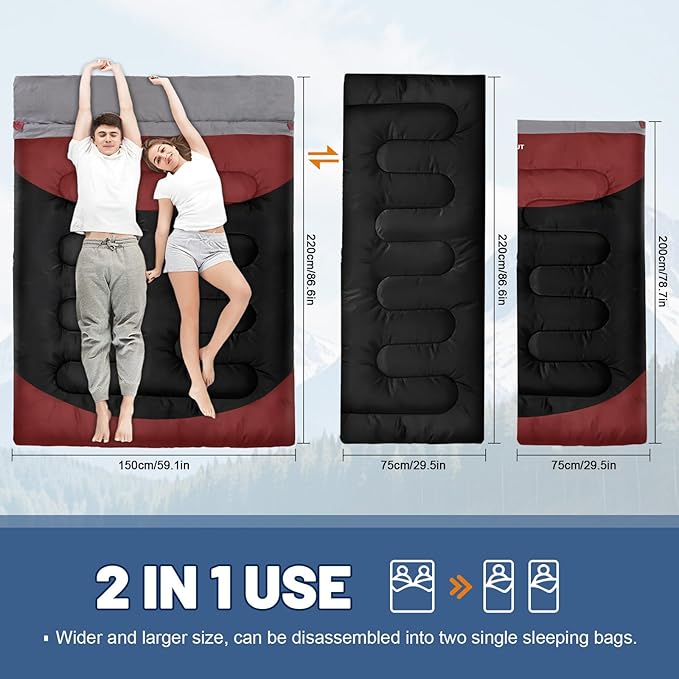 Double Sleeping Bag for Adults Machine Washable 2 Person Camping Sleeping Bag Queen Size Waterproof with Compression Sack for Cold Weather 3-4 Seasons