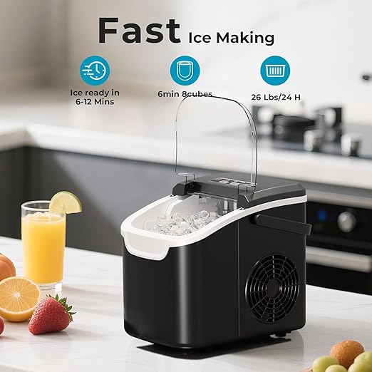 Countertop Ice Maker with Handle, 26.5lbs in 24Hrs with 2 Sizes, 8 Ice Cubes Ready in 6 Mins, Auto-Cleaning Small Portable Ice Maker with Basket and Scoop for Home/Office/Kitchen/Camping/RV, Black