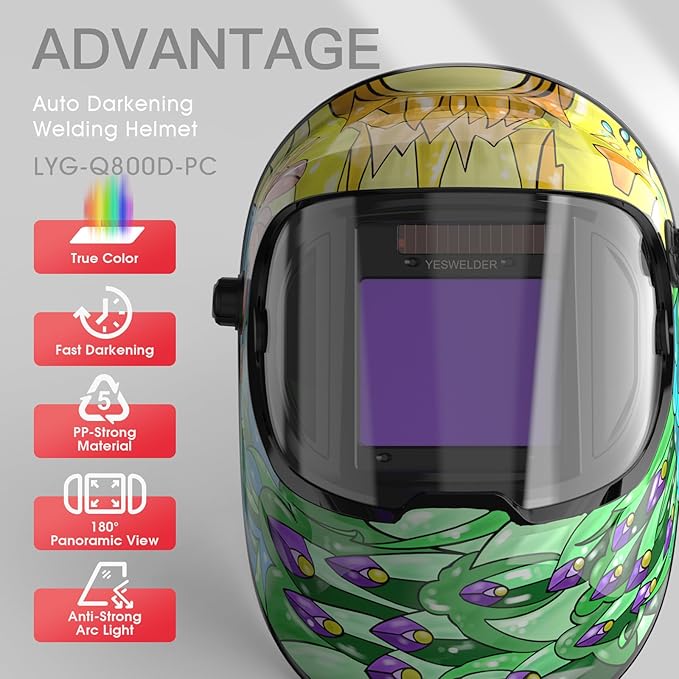 YESWELDER Auto Darkening Welding Helmet with Side View, 180° Panoramic View, 1/1/1/1 True Color Solar Powered Welder Hood, Wide Shade 4/5-9/9-13 Welder Mask for TIG MIG ARC Cut and Grind, LYG-Q800D