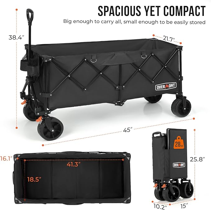 Overmont 45'' Collapsible Foldable Extended Wagon Cart - 300L Heavy Duty 440lbs Large Capacity Folding Utility Wagon with All-Terrain Wide Wheels for Camping Sports Grocery Picnic