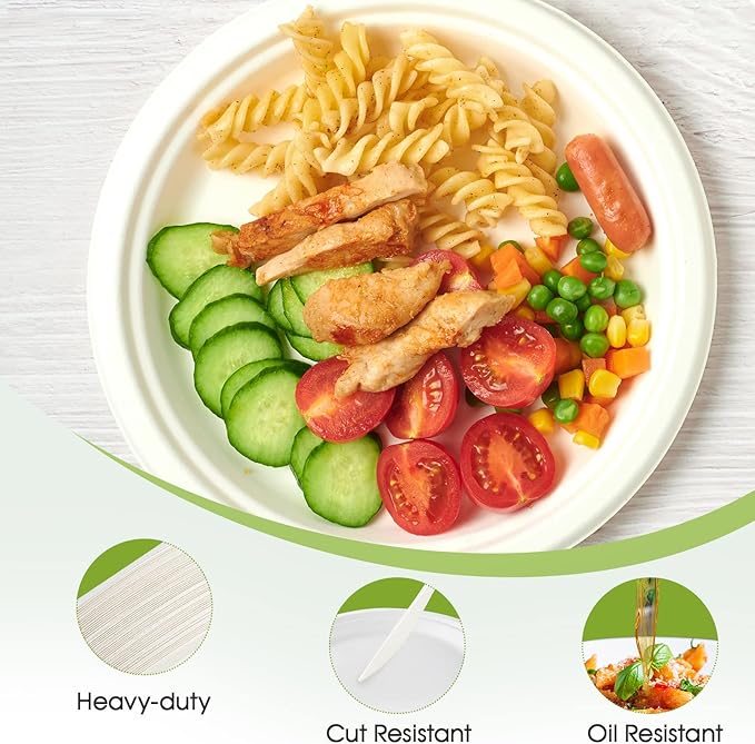 ECOLipak 100% Compostable 10 Inch Heavy Duty Paper Plates, 150 Pack Disposable Biodegradable Eco-friendly Sugarcane Bagasse Plates for Dinner Party(White)