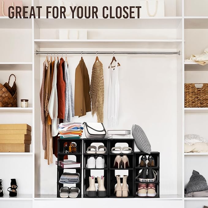 TRZZ 4-Tier Small Shoe Rack, Vertical Narrow Stackable Organizer with Removable Partition, Efficient Shoe Storage for Closet, Entryway, and Small Spaces (Black)