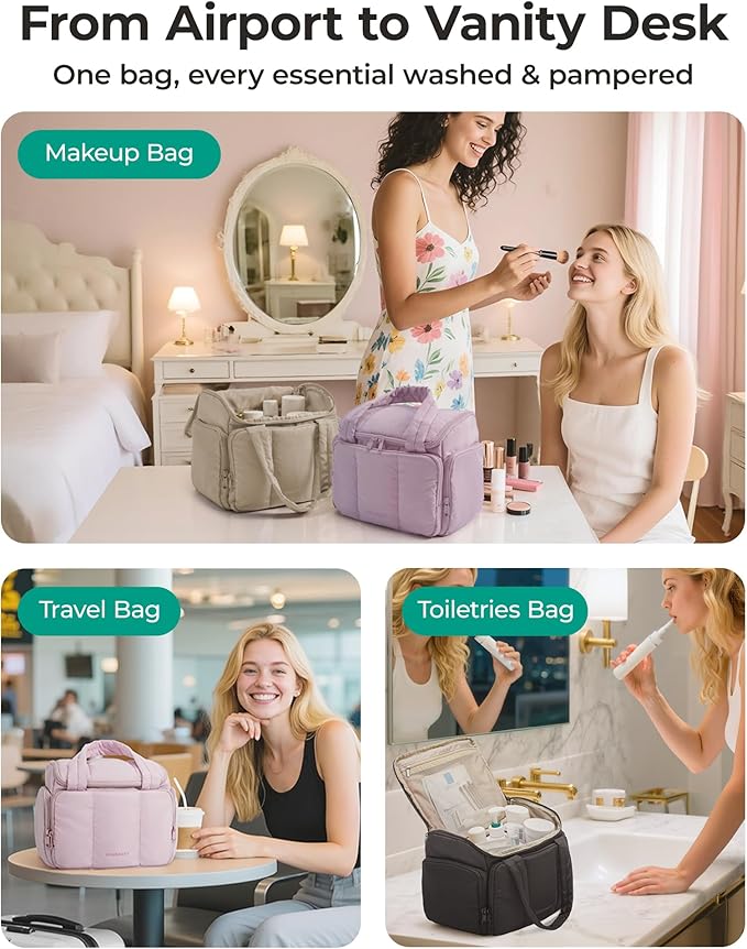 BAGSMART Travel Toiletry Bag for Women with Puffy Water-Resistant Fabric, Large Roomy Makeup Organizer for Travel-Sized Toiletries & Accessories, Black