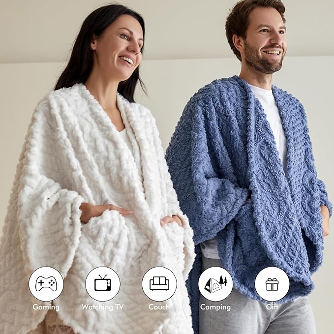 Royoliving Fuzzy Sherpa Wearable Fleece Blanket with Pockets for Adults, Ultra Soft Plush Shawl Throw Blankets (White, 58'' x 64'')