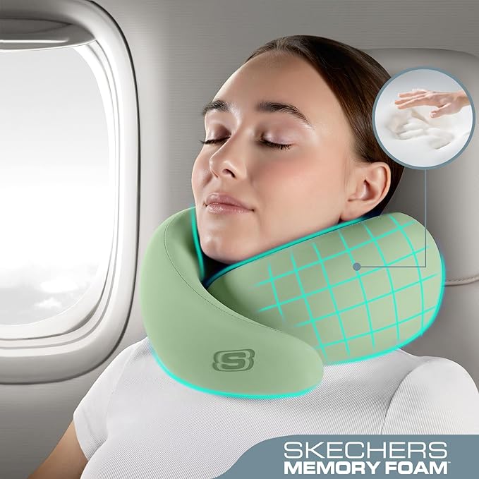 Skechers Memory Foam Travel Pillow,Comfortable & Breathable Airplane Travel Essential, Neck Pillow for Travel, Car Rides, Home, and Office Use, Ergonomic Design for Men and Women,Green
