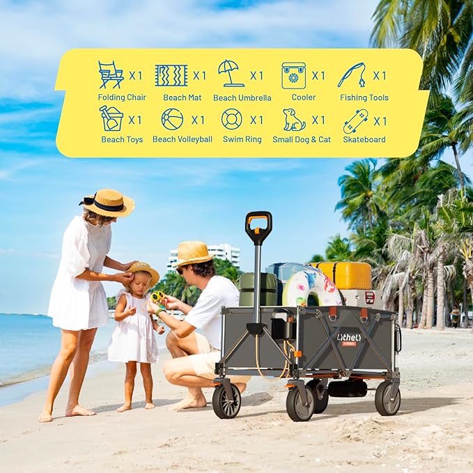 Litheli Electric Utility Wagon Cart, 200L Capacity, 300 lbs Load, Foldable Heavy-Duty Design with All-Terrain Wheels, Variable Speed Drive & Battery Power for Camping, Beach, Garden & Shopping
