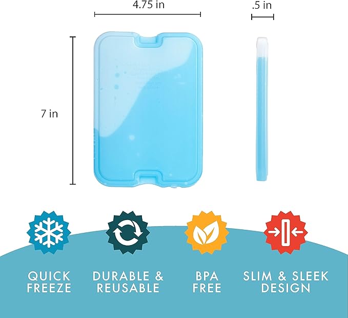 Cool Coolers by Fit & Fresh 4 Pack XL Slim Ice Packs, Quick Freeze Space Saving Reusable Ice Packs for Lunch Boxes or Coolers, Green