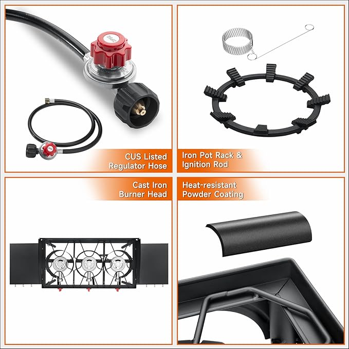 SKOK 3 Burners Portable Propane Stove with Side Shelves & Wind Panel, Camping Stove with 225,000 High Efficiency Propane Burner, Outdoor Stove for Camping, Backyard, Picnic