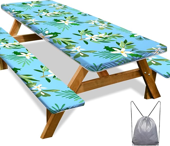 Picnic Table Cover with Bench Covers Camping Essentials Waterproof Windproof Camping Tablecloth with Drawstring Bag, Fitted Rectangle Tables and Seats, 96in, Blue White