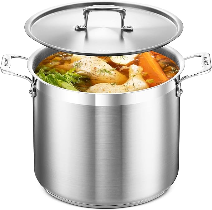 Stockpot – 12 Quart – Brushed Stainless Steel – Heavy Duty Induction Pot with Lid and Riveted Handles – For Soup, Seafood, Stock, Canning and for Catering for Large Groups and Events by BAKKEN