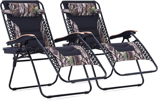 MFSTUDIO Zero Gravity Chairs Set of 2, XL Oversized Outdoor Anti Gravity Chair, Patio Lounge Folding Adjustable Chair with Cup Holder & Padded Headrest, Support 400lbs,Camouflage