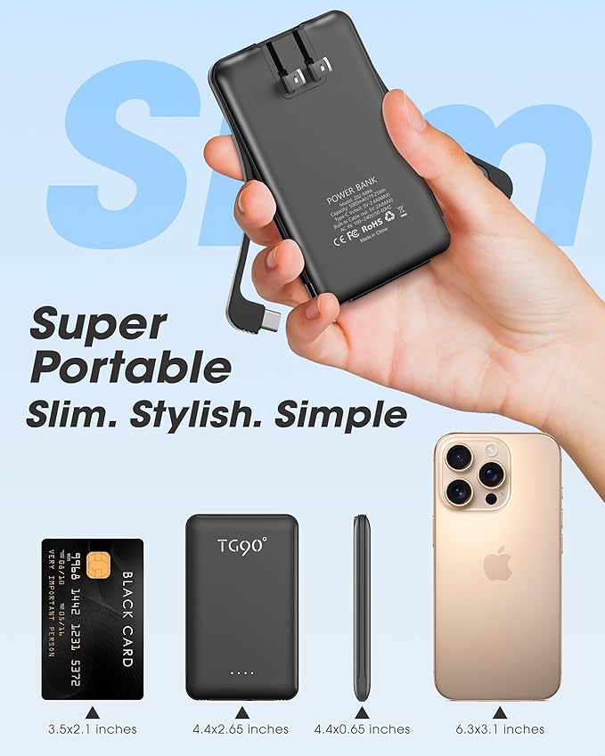 TG90° 2 Pack Portable Charger with Built-in Foldable AC Wall Plug and Cables, 5000mAh 3 Outputs Battery Pack Mini External Power Bank Compatible with iPhone and Android Smart Devices