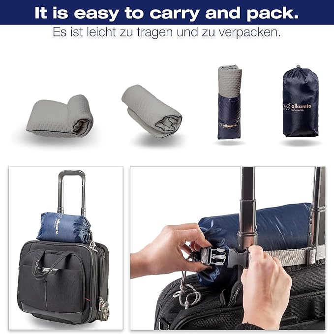 Memory Foam Pillow for Travel and Camping with Extra Cotton Cover – Easy to Carry Portable Bag (Grey Contour)