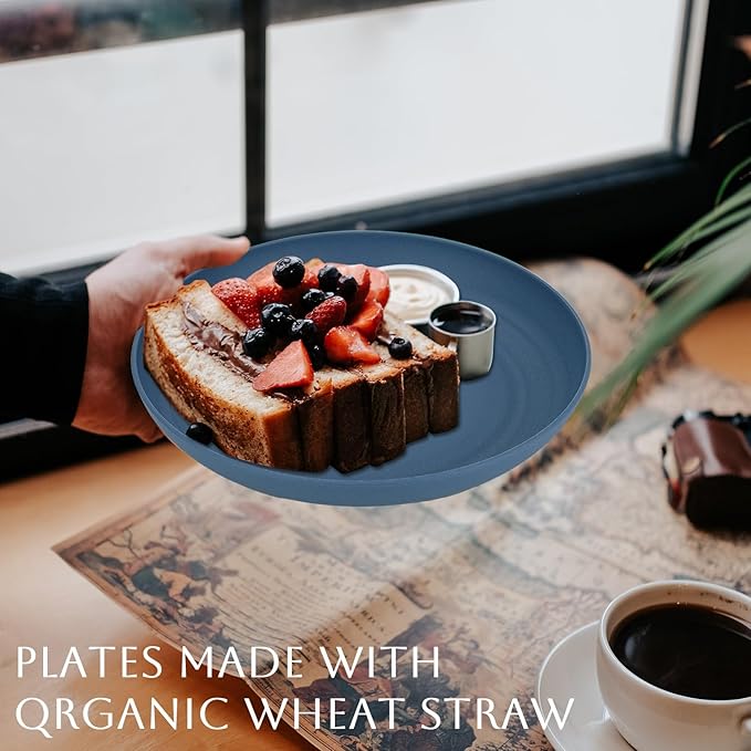 Homienly Dinner Plates Set - Alternative to Plastic, Wheat Straw - Set of 8, Lightweight, Microwave & Dishwasher Safe, Unbreakable Salad Plates (Blue, 10 inch)