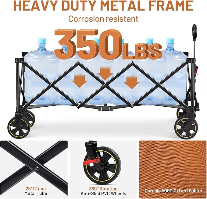 TIMBER RIDGE 51.2'' Extended Collapsible Wagon Cart with Brakes and Cargo Net, 350LBS Heavy Duty Foldable Utility Wagon with Adjustable Handle, 400L Capacity Portable Cart for Camping Sports Shopping