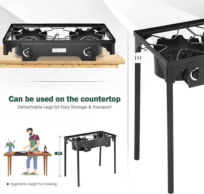 Goplus Outdoor Camping Stove, Dual Burner Propane Gas Cooker w/Detachable Legs & 0-20 PSI Regulator & CSA Approval for Camp Patio RV, Cast Iron, 150,000-BTU