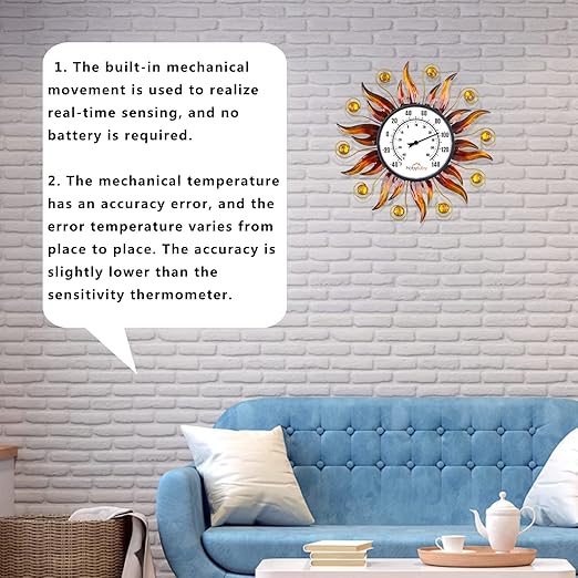 Indoor Outdoor Thermometer, Sun Wall Mounted Thermometer Decorative for Patio, Living Room, Garden Greenhouse, Wine Cellar, No Batteries Required