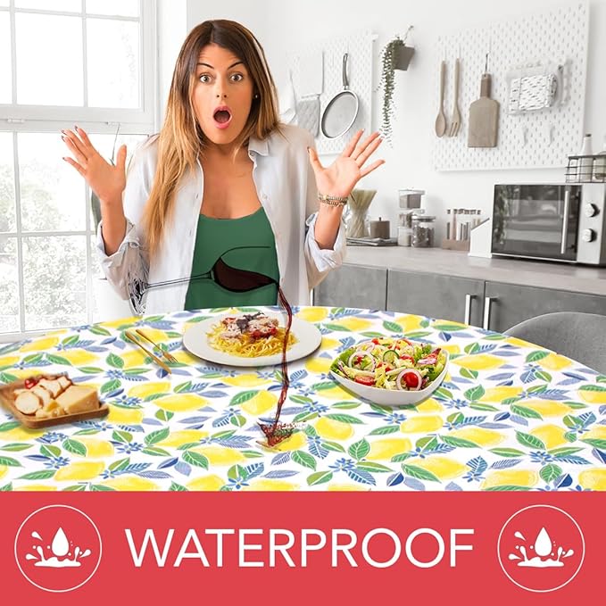 LAMINET Elastic Fitted Table Cover - Contemporary Lemon - Small Round - Fits Tables up to 44 Diameter