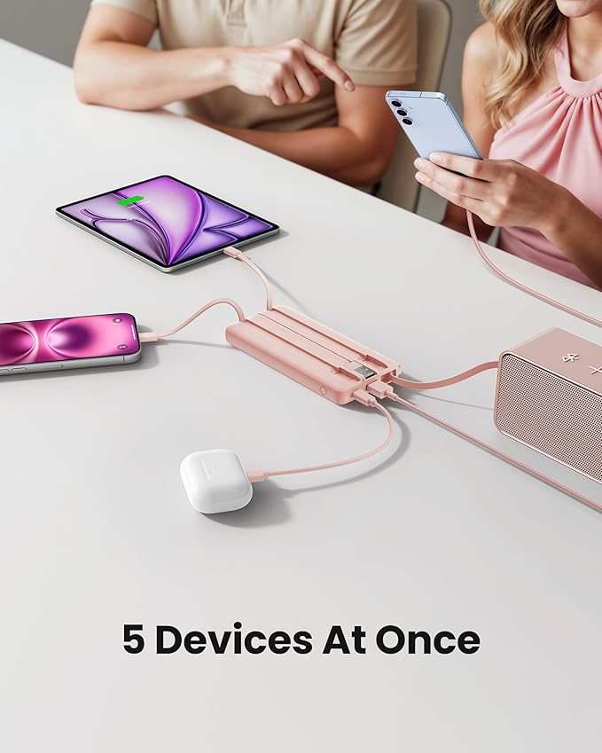 Portable Phone Charger, Slim 10000mAh Power Bank with Cords Wires, Battery Pack 5 Outputs 2 Inputs LED Display Compatible with iPhone/Android & More (Pink)