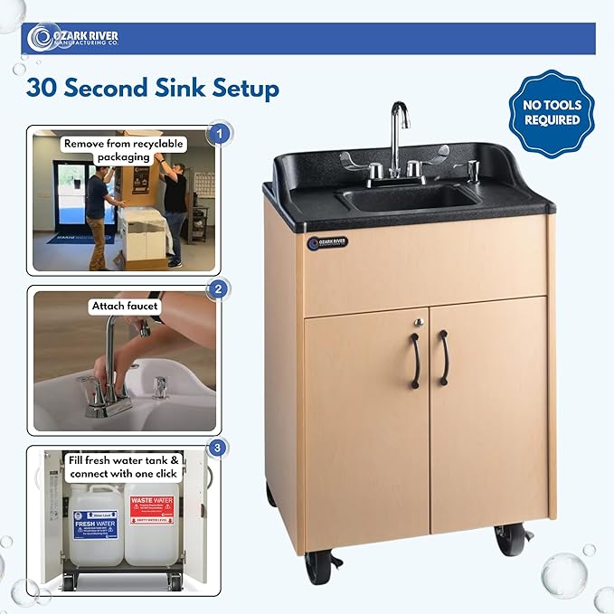Ozark River Portable Sinks Premier Maple, Maple Laminate-ABS Sink, Mobile Self Contained Sink, Mobile Hand Washing Station, Portable Sink with Hot Water, Portable Sink Hand Wash Station, 110V
