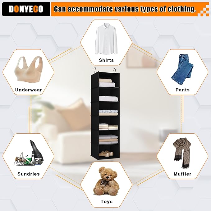 Hanging Closet Organizer and Storage 6-Shelf, Easy Mount Foldable Hanging Closet Wardrobe Shelves, Clothes Handbag Shoes Accessories Storage, Washable Oxford Cloth Fabric, Black