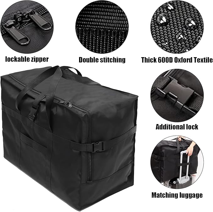 Travel Duffle Bag,120L Foldable Heavy Duty Overnight Bag, For Spirit Airlines, RicoRich Larger Size Carry on Luggage Sport Duffel for Weekender/Vacation/Camping/Beach/Tent(Black)