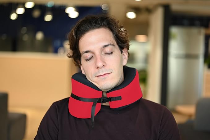 C CUSHION LAB Travel Pillow, Award-Winning Patented Ergonomic Design for Chin & Neck Support Memory Foam Neck Pillow, Compact Airplane Pillow for Traveling, Flight, Car (Bold Red, Large)