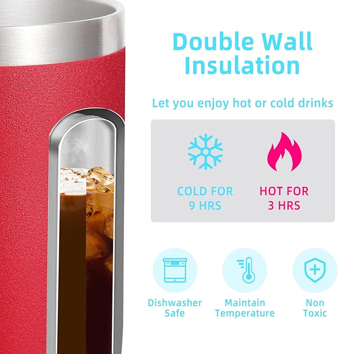 Volhoply 14oz Insulated Stainless Steel Coffee Mug with Lid Bulk 8 Pack,Double Wall Vacuum Travel Coffee Cup with Handle,Reusable Metal Cups Tumbler,Camping Mugs Keep Hot,Ideal Gifts(Red,8)