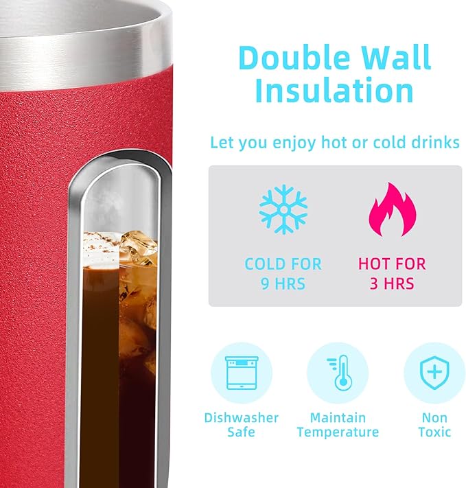 Volhoply 14oz Insulated Stainless Steel Coffee Mug with Lid Bulk 2 Pack,Double Wall Vacuum Travel Coffee Cup with Handle,Reusable Cups Tumbler,Camping Mugs Keep Hot/Cold,Ideal Gifts(Red,2)