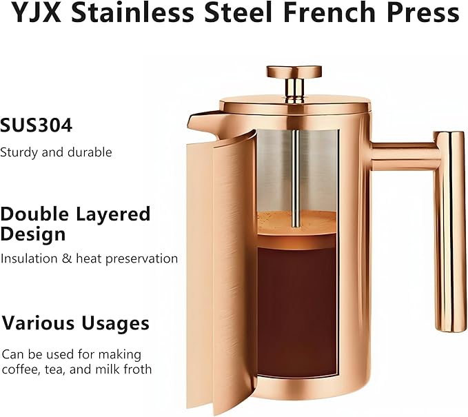YJX 34oz Coffee Maker, Stainless Steel French Press, 1 Liter Camping Coffee Pot, Tea Maker, 34 Ounce Travel Coffee Presses, Heat Resistant Double Insulated (Black)