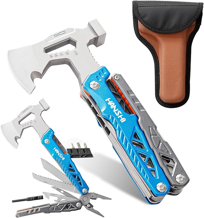 HANSHI Camping Axe Multitool with YG10 Tungsten Steel Replaceable Wire Cutters for Gift,17 in 1 Multi Tool with Spring-Action Pliers,Knife,Screwdriver,Flint Rob,Safty Whistle with Nylon Sheath (Blue)