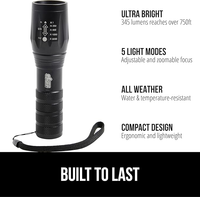 GORILLA GRIP Powerful LED Tactical Flashlight, 750 FT High Lumens 5 Adjustable Modes, Water Resistant, Ultra Bright Zoom Flashlights, Small Mini Flash Light, Camping, Night Dog Walking, 2 Pack Black