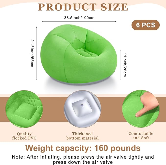 Realspring 6 Pcs Bean Bag Chairs for Adults Inflatable Chairs with Electric Air Pump,Blow up Couch Folding Portable Inflatable Couch Lazy Sofa for Reading Living Room Camping (Coffee,Orange,Green)