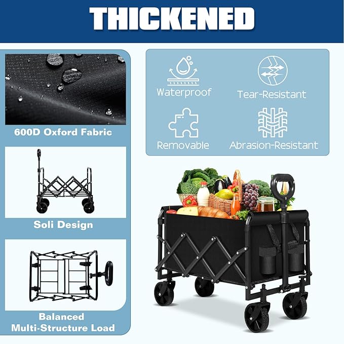 Collapsible Wagon Cart Foldable, Portable Heavy Duty Collapsible Beach Cart All Terrain with Large Capacity, Garden Wagons with Wheels for Shopping, Sports, Camping，Garden，Grocery