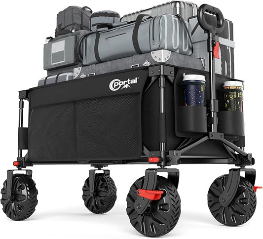 PORTAL Collapsible Wagon with Brakes, Heavy Duty Utility Cart with All-Terrain Wheels, Portable Folding Wagons for Camping, Beach, Garden, Shopping, and Groceries
