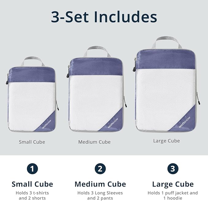 Compression Packing Cubes 3 Set, Compressible Space-Saving Packing Cubes for Travel - Compression Bags, Luggage Organizer, Travel Essentials for Women, Bluish Purple
