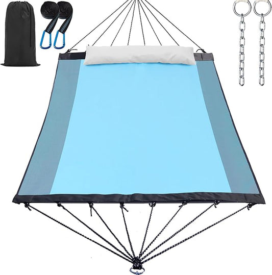 14ft 2 Person Outdoor Hammock, Portable Camping with Folding Steel Spreader Bar, Carrying Bag, Carabiners, Tree Straps, Pillow & Sidebag, Quick Dry Textilene, 550 lbs Capacity (Lakeside Aqua)