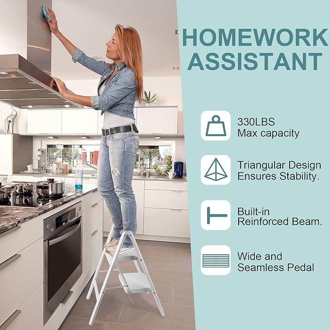 Upgraded 2 Step Ladder, 330 lbs Folding Aluminum Step Stool with Wide Anti-Slip Pedals, Lightweight & Portable Ladder for Kitchen, Closet, Office, Home Use - White