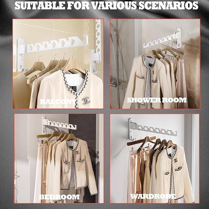 Wall Mount Coat Hanger Holder White Clothes Drying Organizer Rack Garment Hooks Aluminium Retractable Folding Indoor Wall Mounted Hanger Space Saver for Laundry Room Bedroom White 2 Pack with 8 Hooks