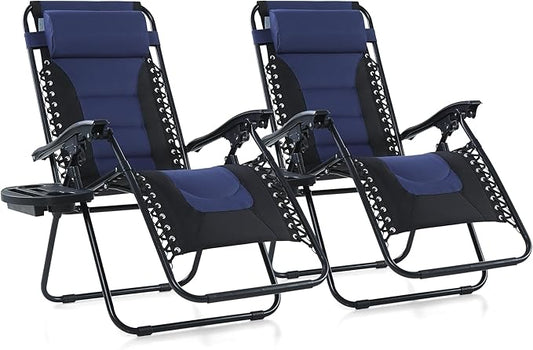 MAISON ARTS Padded Zero Gravity Lawn Chairs Set of 2 Foldable Patio Recliners Anti Gravity Lounge Chairs w/Pillow & Cup Holder Outdoor Camp Chairs for Poolside Backyard Beach, Blue