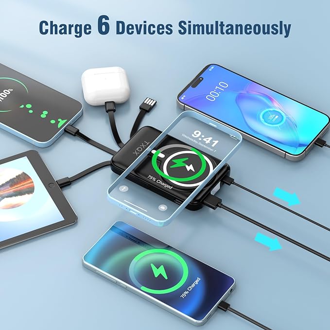 Wireless Portable Charger 10000mAh,Magnetic Power Bank with Built-in Cables LED Display,22.5W PD Fast Charging for Magsafe Battery Pack Compatible with iPhone16/15/14/13/12/Pro/Pro Max (Black)